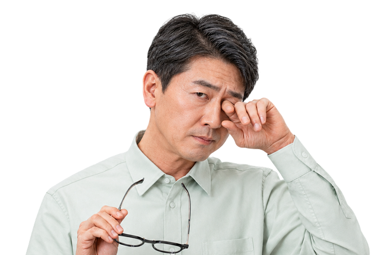 안경을 고쳐 쓰며 흐릿한 시야에 불편을 느끼는 사람